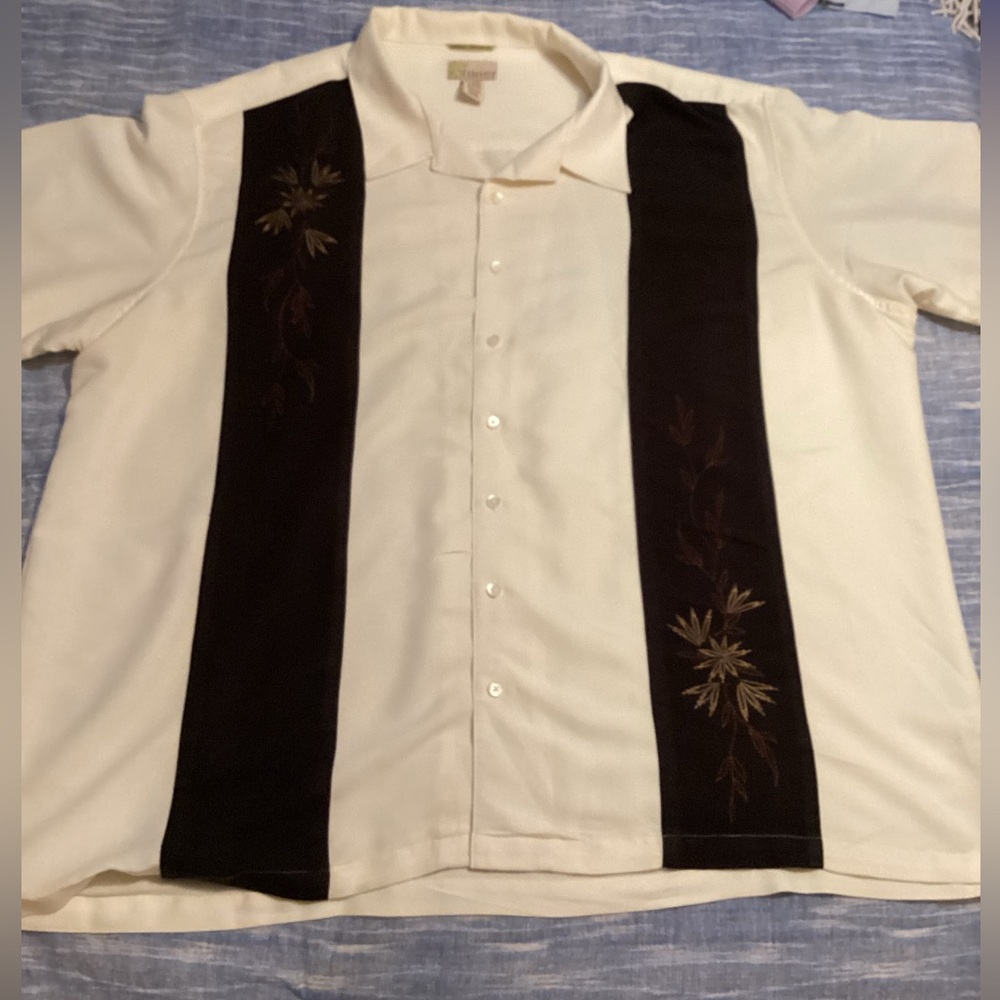 Cubavera Cream Short-Sleeve Button-Down with Black Floral Contrast